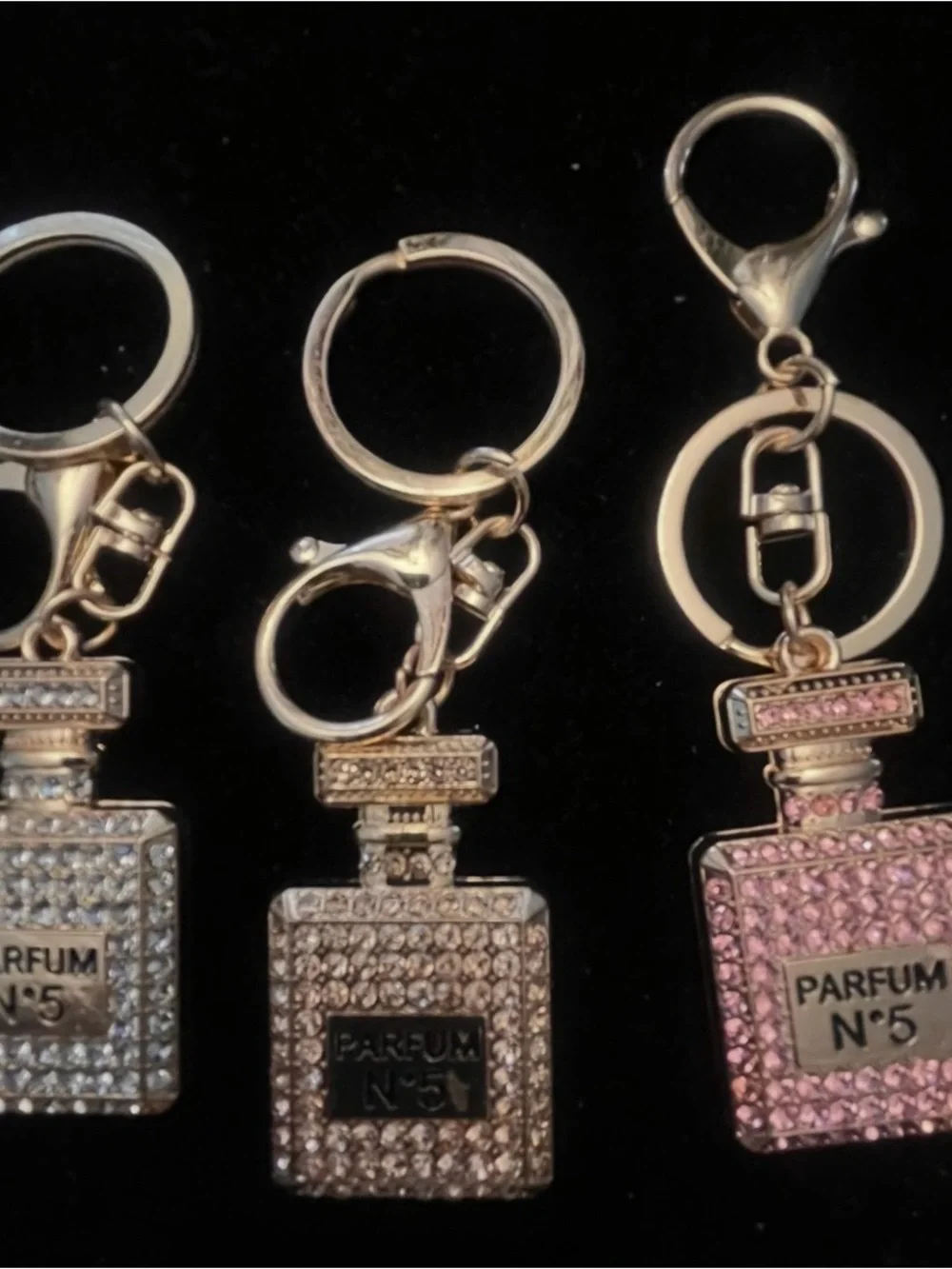 Crystal Perfume Bottle Keychain - Gold & Pink, Rhinestone Set of 3